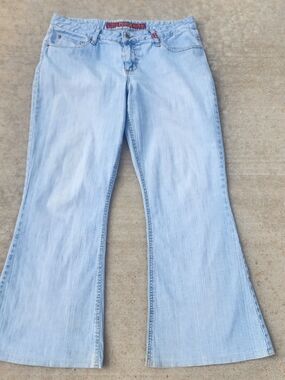 Y2K Mudd Red Logo Light Wash Blue Jeans, Low Rise Flare Leg, Womens Sz 15